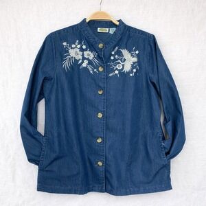 Vintage Collections Etc Embroidered Button Front Shirt Women M Blue Floral Crane